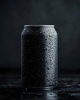 Black aluminum can with water droplets condensation on dark background, dramatic moody lighting for beverage advertising and product photography.
