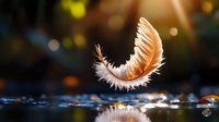 Delicate white feather floating above water surface with golden sunlight and bokeh background, creating dreamy atmospheric nature macro photography.