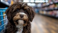 Small fluffy mixed breed puppy with brown and white fur sitting in shopping cart inside grocery store with blurred background of colorful product aisles.
