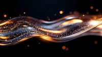 Glowing golden wave with sparkling particles flowing on dark background, luminous curved lines with bokeh effect and shimmering light trails.