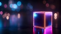 Glowing neon cube with pink and blue light effects on dark background with bokeh lights, creating futuristic and modern aesthetic atmosphere.