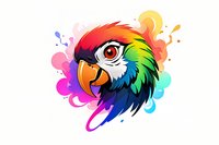 Vibrant rainbow parrot head with expressive eye and curved beak against colorful watercolor splashes and paint drops, suitable for logo design and creative projects.