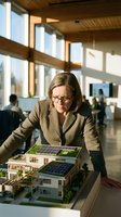 Middle-aged woman architect wearing glasses and tan blazer examines sustainable housing model with solar panels in modern office with large windows and colleagues in background.