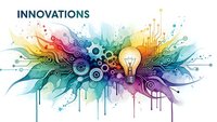 Creative innovation concept with glowing lightbulb surrounded by colorful abstract splash, gears and circuit elements on white background for business presentations.