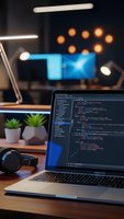 Software developer workspace with laptop displaying code on wooden desk. Modern office setup with plants, headphones, and ambient lighting for programming work.