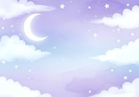 Dreamy purple night sky with crescent moon, fluffy white clouds and twinkling stars creating magical celestial atmosphere for nursery decor and fantasy designs.