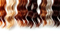 Hair color palette showing wavy strands in various shades from blonde to brunette and auburn, perfect for beauty salon displays and hair styling concepts.