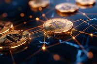 Golden cryptocurrency coins on digital network with glowing connections, representing blockchain technology and digital finance.
