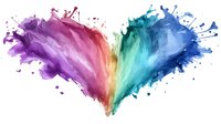 Vibrant watercolor heart shape with rainbow colors splashing outward, featuring purple, pink, green, and blue hues on white background.