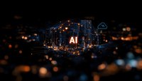 Futuristic AI technology concept with glowing circuit connections and cloud computing symbol against dark cityscape background with bokeh lights.