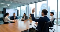 Business team meeting in modern conference room with city skyline view. Professional colleagues discussing strategy at boardroom table.