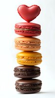 Stack of colorful French macarons with heart-shaped macaron on top against white background, featuring red, peach, yellow and chocolate brown varieties.