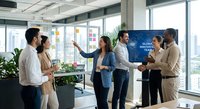 Diverse business team collaborating in modern office space with presentation board and city view windows during strategic meeting.