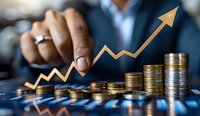 Professional businessman analyzing financial growth with stacked coins and upward trending arrow graph, perfect for business, investment and finance presentations.