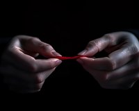 Dramatic close-up of hands holding red string against dark background, symbolizing fate, connection, and destiny. Artistic low-key lighting creates mysterious atmosphere.