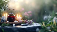 Atmospheric tea ceremony setting with red teapot, glowing candles and lilac flowers on rustic wooden surface at sunset, creating serene garden ambiance.