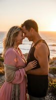Happy couple embracing at sunset beach, romantic moment with golden hour lighting, love and relationship concept for lifestyle and travel content.