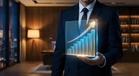 Professional businessman in suit holding holographic growth chart with upward arrow in modern office environment for business success presentations.