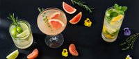 Three refreshing cocktails with fresh citrus garnishes and herbs on dark slate background for summer entertaining and mixology presentations.