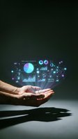Male hands presenting holographic data analytics dashboard with charts, graphs and network connections floating above palms in futuristic business concept.