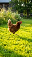 Brown hen walking on green grass in sunny backyard garden with blurred house and plants in background for organic farming and poultry concepts.
