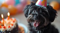 Adorable black dog with party hat celebrating birthday with cake and lit candles, festive atmosphere with colorful balloons in background.