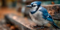 Blue jay perched on wooden fence with vibrant plumage and distinctive crest in natural outdoor setting with warm bokeh background.