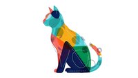 Colorful geometric cat silhouette with overlapping shapes in vibrant teal, orange, purple and green tones for modern design projects.