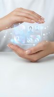 Female hands with manicured nails holding glowing holographic interface displaying digital profiles and data. Concept for technology, networking, recruitment, data management, and digital innovation.