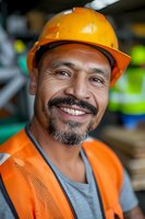 Hispanic construction worker in orange safety vest and hard hat smiling confidently at camera. Professional portrait showing workplace safety and diversity in trades industry.