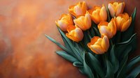 Orange tulip bouquet with dark green leaves against blurred warm brown background, fresh spring flowers in soft natural lighting for floral design and decoration.
