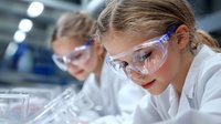 Young female scientists in white lab coats and protective eyewear conducting research experiments in modern laboratory setting, focused on precise measurements.