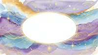 Watercolor celestial frame with golden stars and flowing waves in purple blue tones. Oval white space for text or design elements on cosmic background.