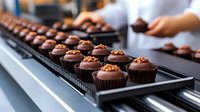 Freshly baked chocolate cupcakes with nuts on production line in bakery. Professional confectioner decorating gourmet desserts in commercial kitchen.