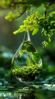 Glass teardrop terrarium with fern and moss hanging from green foliage, reflecting sunlight with water droplet below, creating serene botanical atmosphere.