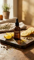 Organic lemon essential oil bottle with fresh citrus slices and natural ingredients on rustic wooden cutting board in warm sunlit kitchen setting.