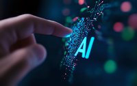 Finger touching glowing AI text on digital circuit pattern with bokeh lights in dark blue background. Modern artificial intelligence concept.