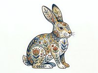 Decorative rabbit with ornamental floral patterns in gold and navy tones, isolated on white background for design projects and merchandise applications.