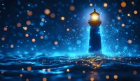 Glowing lighthouse beacon illuminates dark ocean waves with magical blue light and floating golden bokeh particles creating dreamy maritime atmosphere.