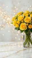 Fresh yellow roses bouquet in glass vase on marble surface with golden bokeh lights background for celebrations and romantic occasions.