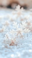 Delicate crystalline snowflake with intricate patterns resting on fresh snow surface, captured in soft pastel tones with dreamy bokeh background and macro detail.
