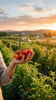 Hands holding fresh ripe tomatoes in vineyard at golden hour sunset with rolling hills and agricultural landscape in background for organic farming concept.