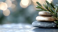 Balanced zen stones with olive branch on blurred bokeh background, spa wellness concept for meditation and relaxation. Soft natural lighting creates calm mood.