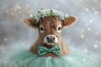 Young brown calf wearing mint green tulle dress, floral crown and polka dot bow tie against dreamy bokeh background, sweet farm animal portrait for nursery decor.