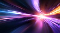 Vibrant light trails converge to central bright point with purple, blue and orange streaks creating dynamic motion effect against dark background. For technology backgrounds.