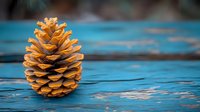 Golden pine cone on weathered turquoise wooden surface with shallow depth of field creates rustic natural composition for seasonal decor and design projects.