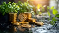 Golden cryptocurrency coins with Bitcoin symbol stacked near green plant leaves on dark reflective surface in natural lighting, symbolizing growth and investment.