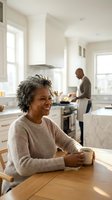 Happy mature African American woman enjoying morning coffee in modern kitchen while husband cooks breakfast in bright contemporary home interior.