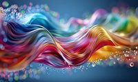 Vibrant multicolored flowing waves with sparkling bokeh effects create dynamic motion against dark background, featuring fluid abstract shapes in rainbow hues.
