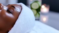Young African American woman relaxing at spa with facial mask treatment and white towel wrap, cucumber water and candles in background for wellness concept.